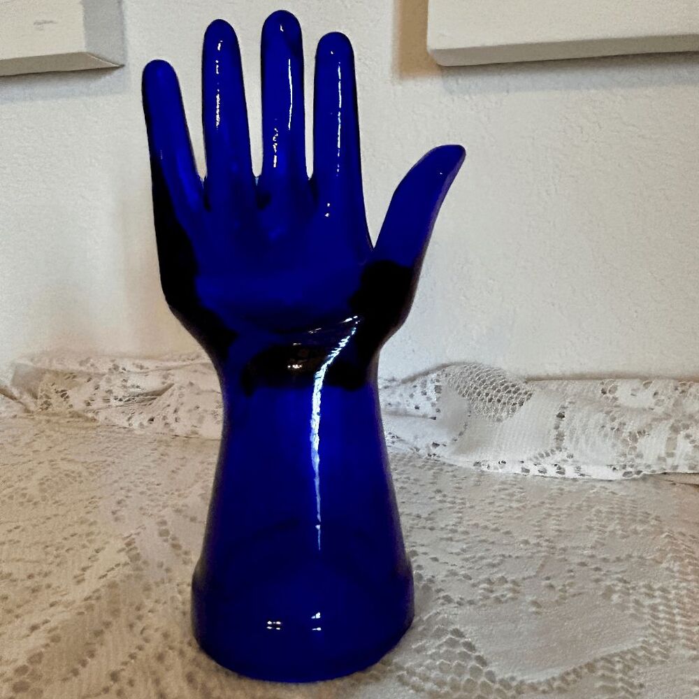 Vintage Cobalt Blue Glass Hand Ring Display - 8" Jewelry Holder
